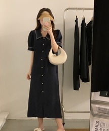 配色 Poloネック パフスリーブ フロントボタン ワンピース