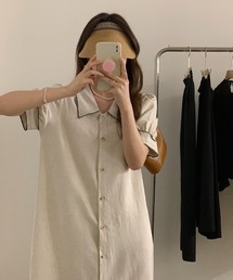 配色 Poloネック パフスリーブ フロントボタン ワンピース
