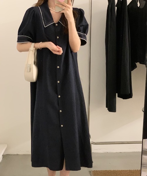 AMAJI（アマジ）の「配色 Poloネック パフスリーブ フロントボタン ワンピース（ワンピース・レディース・ネイビー/ホワイト・FREE）」の3枚目の写真