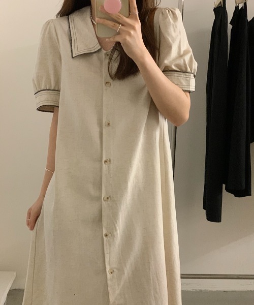 AMAJI（アマジ）の「配色 Poloネック パフスリーブ フロントボタン ワンピース（ワンピース・レディース・ネイビー/ホワイト・FREE）」の7枚目の写真