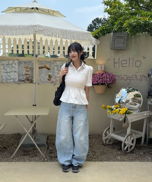 MELLOTORY（メロートリー）の「シャーリングバンディング半袖ブラウス（ホワイト）（シャツ/ブラウス・レディース・ホワイト・FREE）」の6枚目の写真