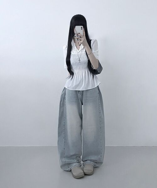 MELLOTORY（メロートリー）の「シャーリングバンディング半袖ブラウス（ホワイト）（シャツ/ブラウス・レディース・ホワイト・FREE）」の9枚目の写真