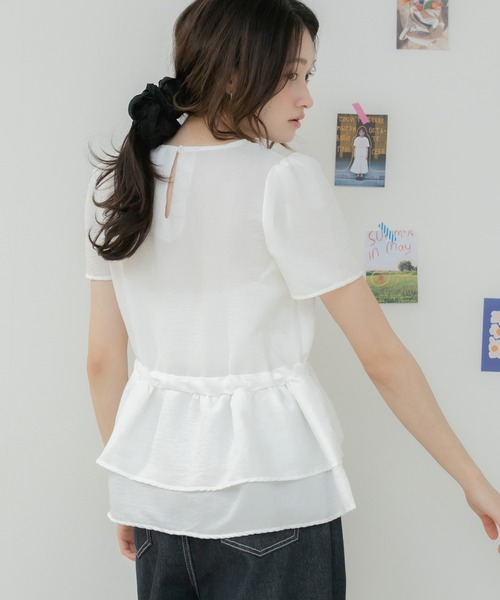 HEILIS(ヘイリス)の「シアー半袖ペプラムブラウス / 半袖ブラウス シアーブラウス ペプラムトップス ティアードブラウス リボンデザイン レイヤードトップス 春服 夏服 秋服 フェミニン ガーリー 韓国ファッション 大人カジュアル デイリー シアー お出かけ デート オフィスカジュアル(シャツ/ブラウス・レディース・ブラック/アイボリー・FREE)」の9枚目の写真