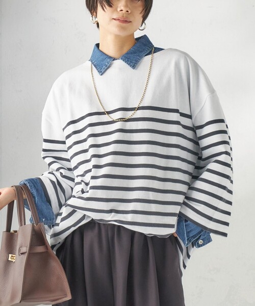 SHIPS(シップス)の「【SHIPS別注】Le minor: パネル ボーダー チュニック(Tシャツ/カットソー・レディース・ブラック/ブルー・ONE SIZE)」の2枚目の写真