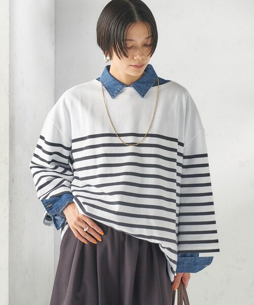 SHIPS(シップス)の「【SHIPS別注】Le minor: パネル ボーダー チュニック(Tシャツ/カットソー・レディース・ブラック/ブルー・ONE SIZE)」の7枚目の写真