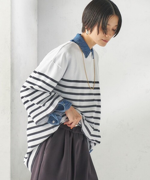 SHIPS(シップス)の「【SHIPS別注】Le minor: パネル ボーダー チュニック(Tシャツ/カットソー・レディース・ブラック/ブルー・ONE SIZE)」の10枚目の写真