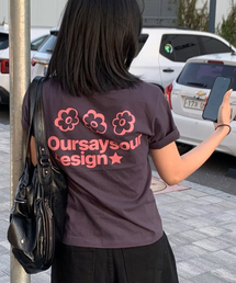 フラワーシンボルロゴクロップ半袖Tシャツチャコール