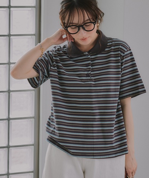 210nouve(トゥージュヌーブ)の「マルチボーダー ポロシャツ(ポロシャツ・レディース・アイボリー/ベージュ/ネイビー/ダークグレー・FREE)」の3枚目の写真