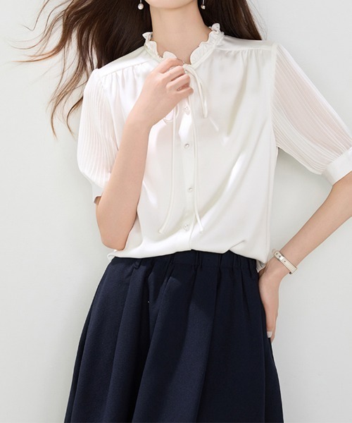 ONEP STAR(ワンピスター)の「袖プリーツフリルネック半袖ブラウス(Tシャツ/カットソー・レディース・ホワイト・X-LARGE/LARGE/MEDIUM)」の7枚目の写真