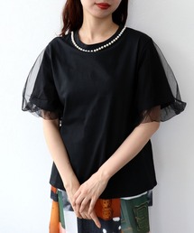 パール付きチュール重ねTシャツ