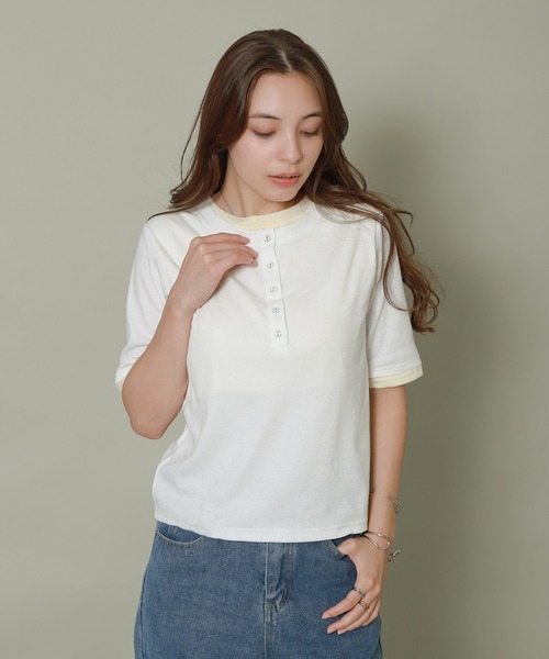 libelle more(リベル モア)の「配色ヘンリーネックレイヤードTシャツ(Tシャツ/カットソー・レディース・グリーン/オフホワイト/ブラック/杢グレー・M)」の2枚目の写真