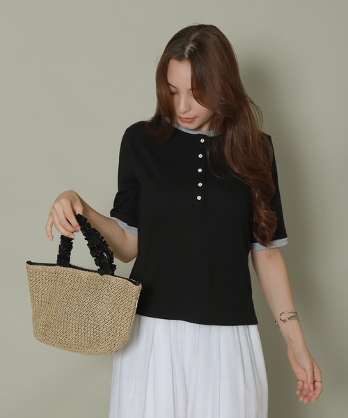 libelle more(リベル モア)の「配色ヘンリーネックレイヤードTシャツ(Tシャツ/カットソー・レディース・グリーン/オフホワイト/ブラック/杢グレー・M)」の6枚目の写真