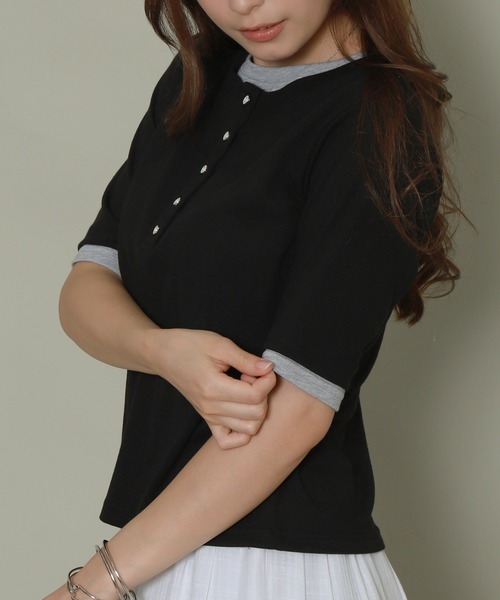 libelle more(リベル モア)の「配色ヘンリーネックレイヤードTシャツ(Tシャツ/カットソー・レディース・グリーン/オフホワイト/ブラック/杢グレー・M)」の7枚目の写真