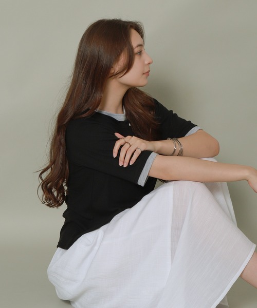 libelle more(リベル モア)の「配色ヘンリーネックレイヤードTシャツ(Tシャツ/カットソー・レディース・グリーン/オフホワイト/ブラック/杢グレー・M)」の9枚目の写真