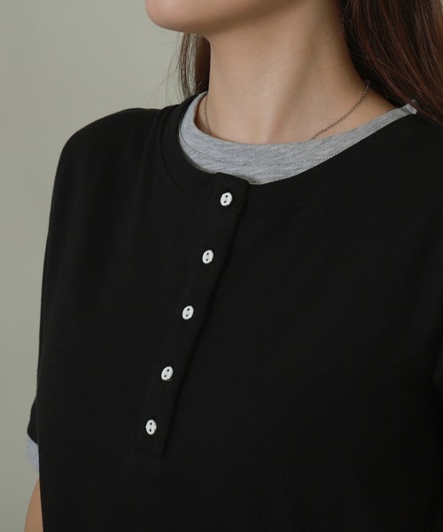 libelle more(リベル モア)の「配色ヘンリーネックレイヤードTシャツ(Tシャツ/カットソー・レディース・グリーン/オフホワイト/ブラック/杢グレー・M)」の10枚目の写真