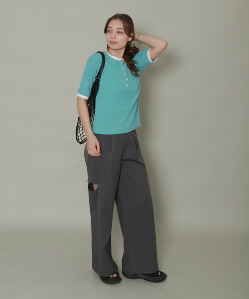 libelle more(リベル モア)の「配色ヘンリーネックレイヤードTシャツ(Tシャツ/カットソー・レディース・グリーン/オフホワイト/ブラック/杢グレー・M)」の17枚目の写真
