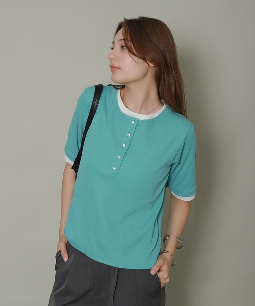 libelle more(リベル モア)の「配色ヘンリーネックレイヤードTシャツ(Tシャツ/カットソー・レディース・グリーン/オフホワイト/ブラック/杢グレー・M)」の18枚目の写真