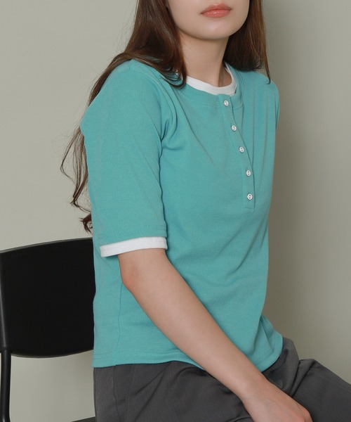 libelle more(リベル モア)の「配色ヘンリーネックレイヤードTシャツ(Tシャツ/カットソー・レディース・グリーン/オフホワイト/ブラック/杢グレー・M)」の21枚目の写真