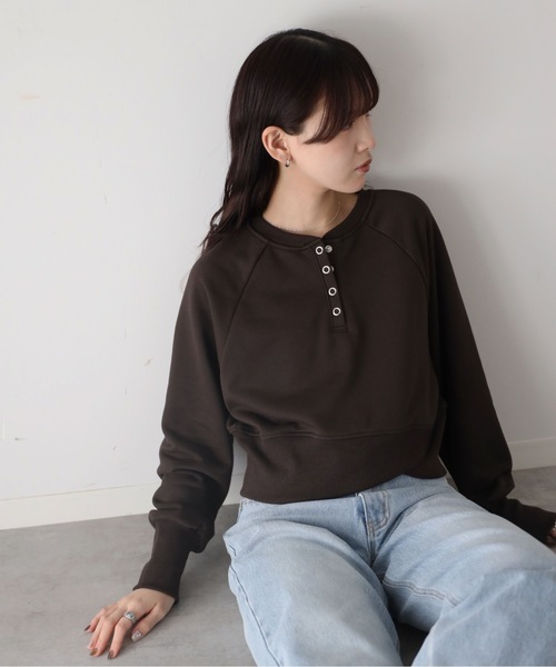 ヘンリーネッククロップドスウェット/ヘムデザイン裏毛ヘンリープルオーバー