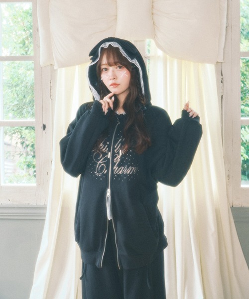 WEGO(ウィゴー)の「《韓国ガーリー♪》リボンフードジップパーカー(パーカー・レディース・グレー/ピンク/ブラック・FREE)」の6枚目の写真