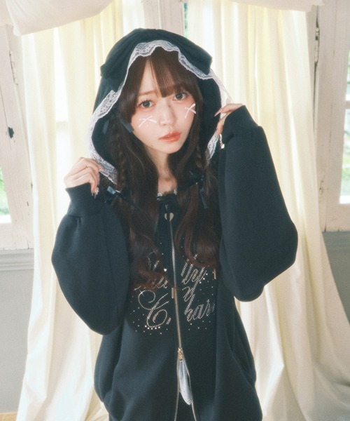 WEGO(ウィゴー)の「《韓国ガーリー♪》リボンフードジップパーカー(パーカー・レディース・グレー/ピンク/ブラック・FREE)」の4枚目の写真