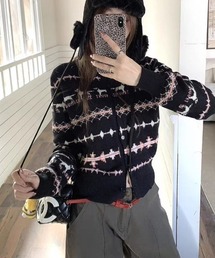 犬柄ジャカード クルーネックニットカーディガン