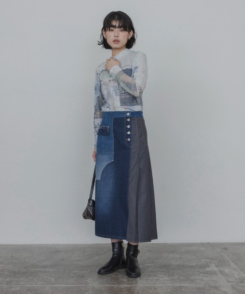 Eimee Law(エイミーロウ)の「サイドプリーツドッキングデニムスカート(デニムスカート・レディース・ブラック/ブラウン/ブルー・MEDIUM)」の4枚目の写真