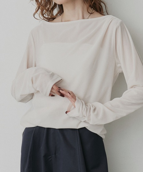 ad thie(アドティエ)の「シアーベロア ボートネック ドレープ トップス(Tシャツ/カットソー・レディース・ブラック/ライトブルー/アイボリー/ブラウン・FREE)」の1枚目の写真