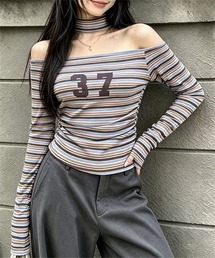 マフラー付きボーダー長袖Tシャツ