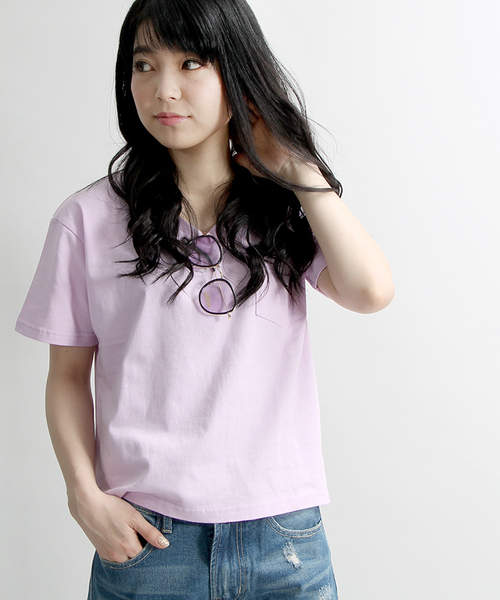 WEGO（ウィゴー）の「WEGO/USAコットンVネックTシャツ（Tシャツ/カットソー・レディース・キャメル/ホワイト/ブラック/ネイビー/杢グレー/イエロー/ピンク/レッド系その他/ホワイト系その他/パープル/ダークグリーン・LARGE/MEDIUM）」の10枚目の写真