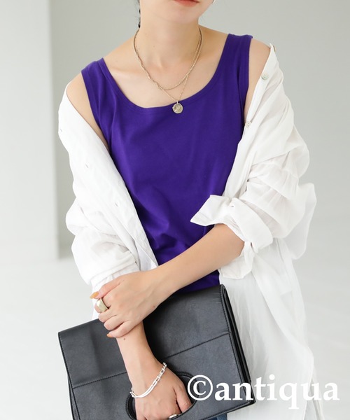 antiqua（アンティカ）の「コットン100%シンプルタンクトップ（タンクトップ・レディース・ブラック/グリーン/ピンク/チャコールグレー/グレー/パープル/ネイビー/マスタード/オフホワイト/ライトカーキ/ライトグレー/レンガ/ベージュ/ブラウン/ライム/ベージュ系その他/パープル系その他/ブルー系その他/ブラウン系その他/オートミール・M/L）」の16枚目の写真