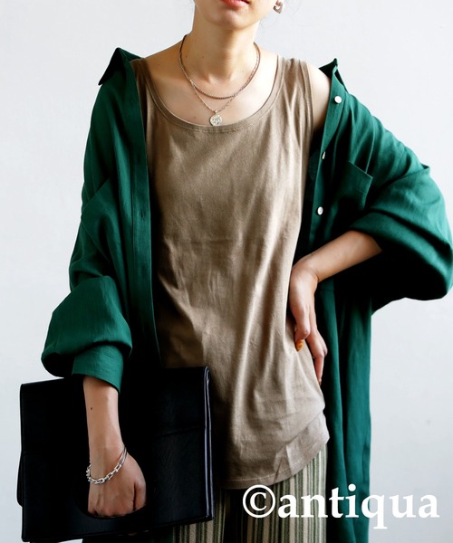 antiqua（アンティカ）の「コットン100%シンプルタンクトップ（タンクトップ・レディース・ブラック/グリーン/ピンク/チャコールグレー/グレー/パープル/ネイビー/マスタード/オフホワイト/ライトカーキ/ライトグレー/レンガ/ベージュ/ブラウン/ライム/ベージュ系その他/パープル系その他/ブルー系その他/ブラウン系その他/オートミール・M/L）」の10枚目の写真