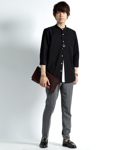 MONO-MART（モノマート）の「バンドカラー ハイストレッチ オックスフォード シャツ(3/4スリーブ)（シャツ/ブラウス・メンズ・ブラック/ベージュ/ネイビー/オリーブドラブ/オフホワイト/グレー/ブルー/サックスブルー・M/XL/L）」の10枚目の写真