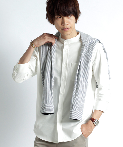 MONO-MART（モノマート）の「バンドカラー ハイストレッチ オックスフォード シャツ(3/4スリーブ)（シャツ/ブラウス・メンズ・ブラック/ベージュ/ネイビー/オリーブドラブ/オフホワイト/グレー/ブルー/サックスブルー・M/XL/L）」の20枚目の写真