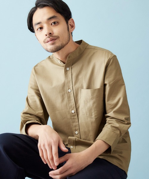 MONO-MART（モノマート）の「バンドカラー ハイストレッチ オックスフォード シャツ(3/4スリーブ)（シャツ/ブラウス・メンズ・ブラック/ベージュ/ネイビー/オリーブドラブ/オフホワイト/グレー/ブルー/サックスブルー・M/XL/L）」の4枚目の写真