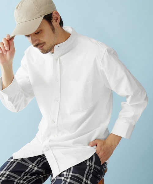 MONO-MART（モノマート）の「バンドカラー ハイストレッチ オックスフォード シャツ(3/4スリーブ)（シャツ/ブラウス・メンズ・ブラック/ベージュ/ネイビー/オリーブドラブ/オフホワイト/グレー/ブルー/サックスブルー・M/XL/L）」の2枚目の写真