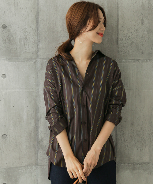 URBAN RESEARCH DOORS(アーバンリサーチドアーズ)の「レジメンストライプBIGシャツ(シャツ/ブラウス・レディース・ブラウン/ネイビー・ONE)」の1枚目の写真