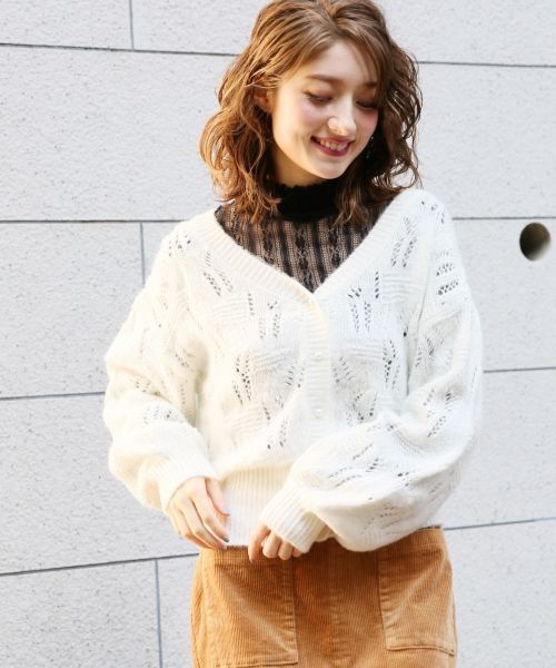 Heather(ヘザー)の「スカシアミモヘアカーディガン 774246(カーディガン/ボレロ・レディース・ホワイト/ブラック/パープル・FREE)」の1枚目の写真