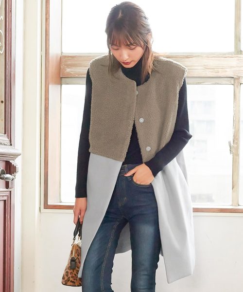 KOBE LETTUCE（コウベレタス）の「異素材切替ノースリーブコート＊アウター/レディース/トップス/ジレ/ベスト[K757]神戸レタス（ノーカラージャケット・レディース・グレー系その他/ベージュ系その他/グレー系その他2・FREE）」の11枚目の写真