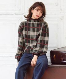バルーン袖ジャガードチェック柄ハイネックニットトップス＊レディース/長袖/セーター/モックネック[C3419]神戸レタス