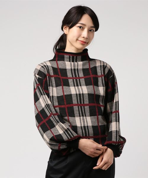 KOBE LETTUCE（コウベレタス）の「バルーン袖ジャガードチェック柄ハイネックニットトップス＊レディース/長袖/セーター/モックネック[C3419]神戸レタス（ニット/セーター・レディース・グレー系その他/ブラウン系その他/ベージュ系その他・FREE）」の6枚目の写真