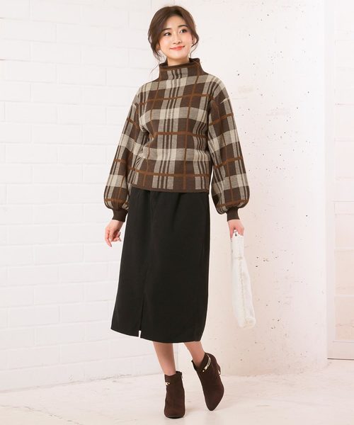 KOBE LETTUCE（コウベレタス）の「バルーン袖ジャガードチェック柄ハイネックニットトップス＊レディース/長袖/セーター/モックネック[C3419]神戸レタス（ニット/セーター・レディース・グレー系その他/ブラウン系その他/ベージュ系その他・FREE）」の10枚目の写真