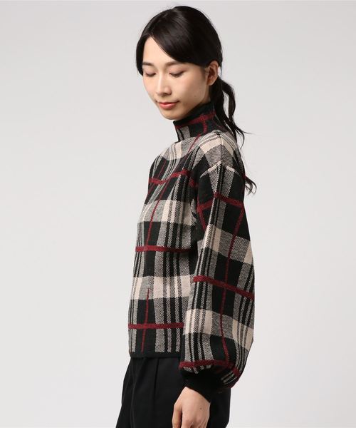 KOBE LETTUCE（コウベレタス）の「バルーン袖ジャガードチェック柄ハイネックニットトップス＊レディース/長袖/セーター/モックネック[C3419]神戸レタス（ニット/セーター・レディース・グレー系その他/ブラウン系その他/ベージュ系その他・FREE）」の4枚目の写真