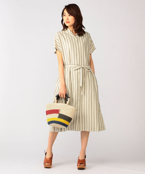 DECOY SINCE 1981（デコイシンスイチキュウハチイチ）の「麻入りストライプシャツワンピース（シャツワンピース・レディース・ベージュ/ネイビー・11号/9号/13号）」の4枚目の写真