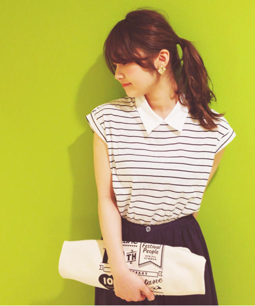 Kastane（カスタネ）の「【Kastane】シャツ衿Tシャツ（Tシャツ/カットソー・レディース・オフホワイト/その他19/ネイビー/ダークブルー/ホワイト・FREE）」の5枚目の写真