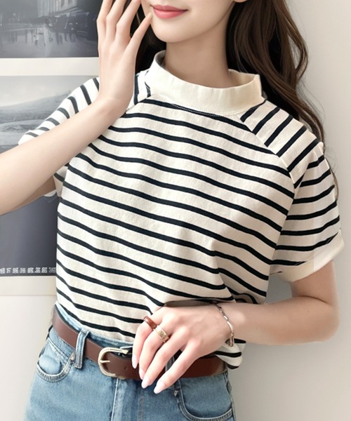 classicalelf(クラシカルエルフ)の「綿100%USAコットン、大人のモックネックラグラン無地&ボーダー柄シンプルTシャツ。(Tシャツ/カットソー・レディース・ホワイト/ブラック/ベージュ/ブラウン/チャコール/グレイッシュベージュ/モカ/ブラウン系その他/グリーン/オリーブ/イエロー/その他/その他1・MEDIUM/LARGE/X-LARGE/XX-LARGE/SMALL)」の22枚目の写真