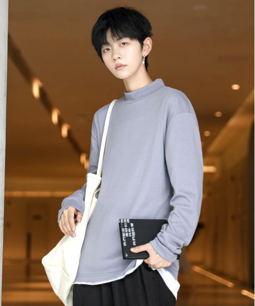 neos（ネオス）の「【neos -addictive design-】スタンダードシルエット ハイネック ロングスリーブ カットソー（Tシャツ/カットソー・メンズ・ベージュ/ブラック/ワインレッド/ホワイト/グレイッシュベージュ/ブラック×ホワイト/ホワイト×ブラック/グレー・LARGE/MEDIUM/X-LARGE）」の6枚目の写真