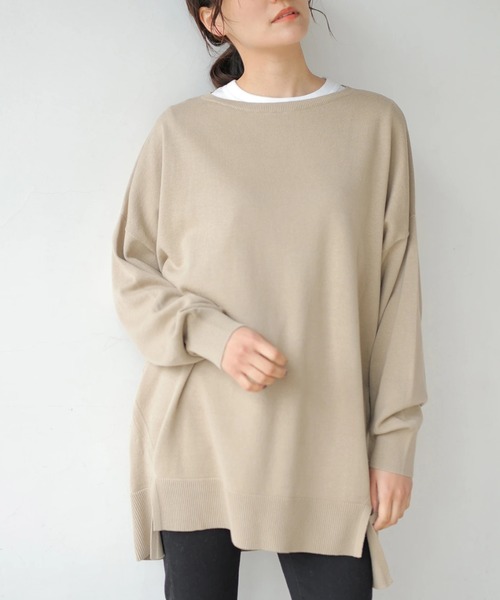 AMERICAN HOLIC(アメリカンホリック)の「前後差ラウンドネックニットチュニック *(ニット/セーター・レディース・ネイビー/ベージュ/オフホワイト/ラベンダー/イエロー・FREE)」の2枚目の写真