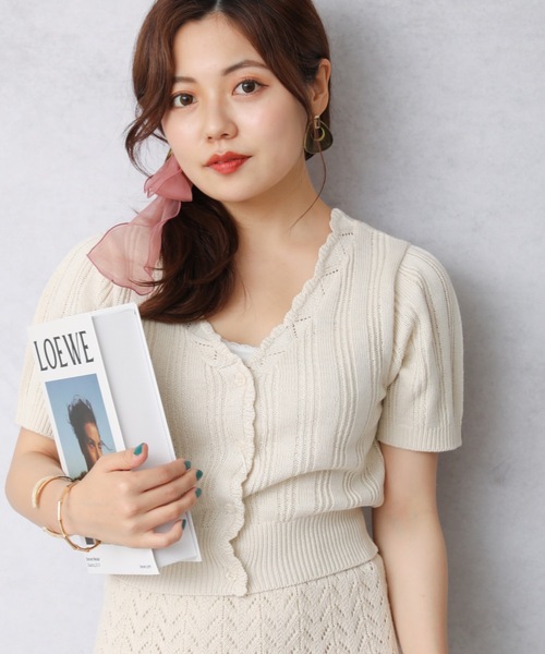 ap retro(アプレトロ)の「ランダムリブ編み裾スカラップ2WAYちびカーディガン(シャツ/ブラウス・レディース・ライトブルー/ブラック/アイボリー/グリーン系その他・FREE)」の5枚目の写真