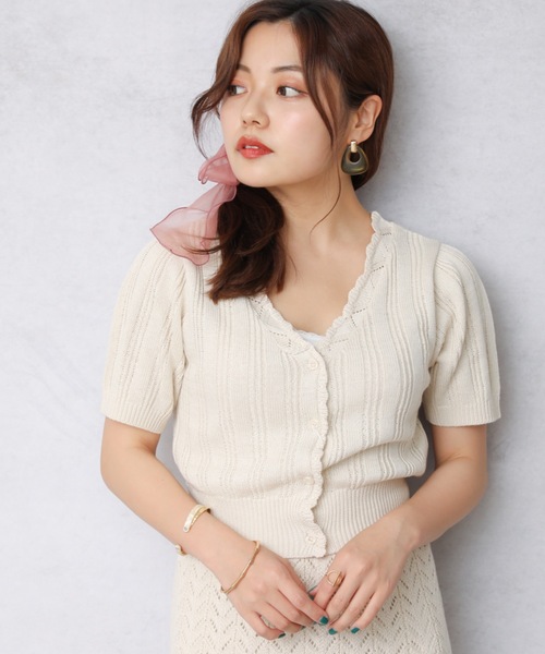 ap retro(アプレトロ)の「ランダムリブ編み裾スカラップ2WAYちびカーディガン(シャツ/ブラウス・レディース・ライトブルー/ブラック/アイボリー/グリーン系その他・FREE)」の7枚目の写真